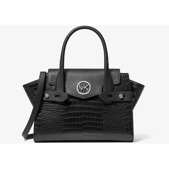 Michael Kors Carmen Black Leather Crocodile Embossed Flap Satchel Bag - NWT $598 - Picture 1 of 14
